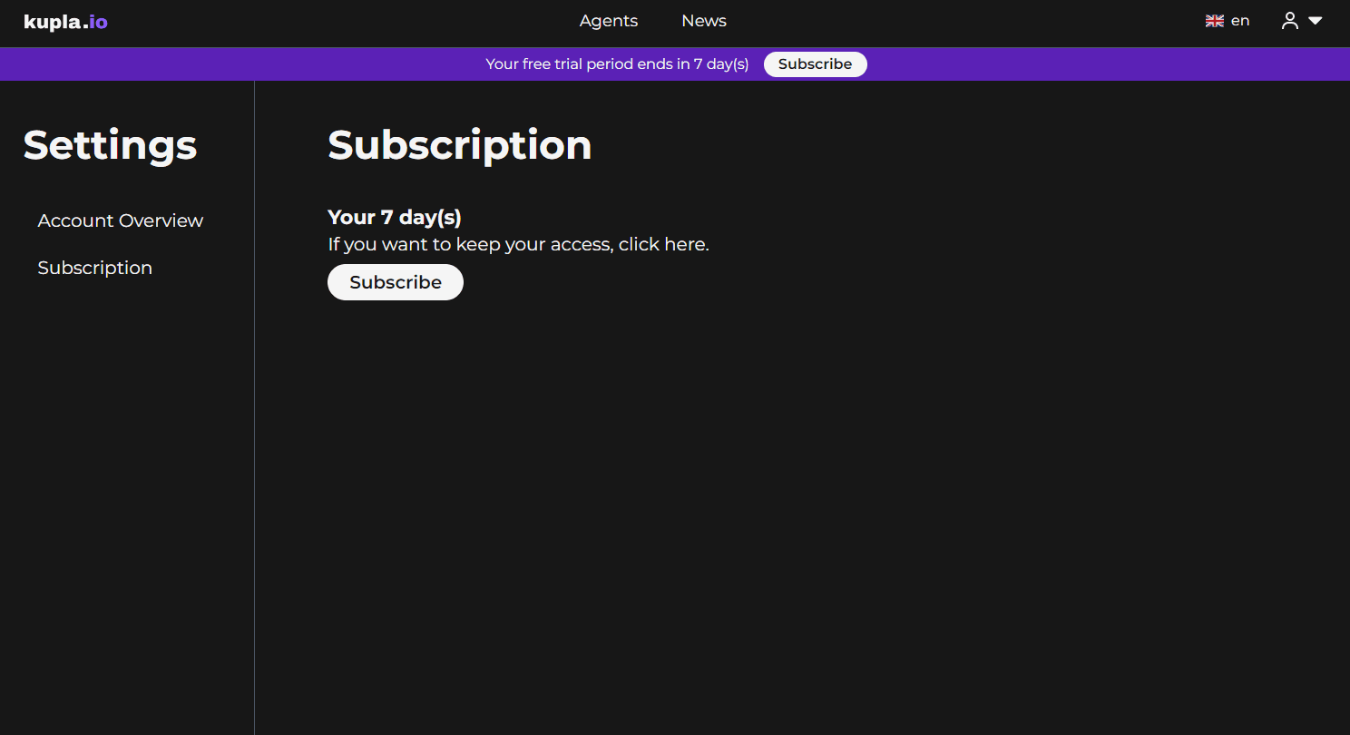 settings page subscription